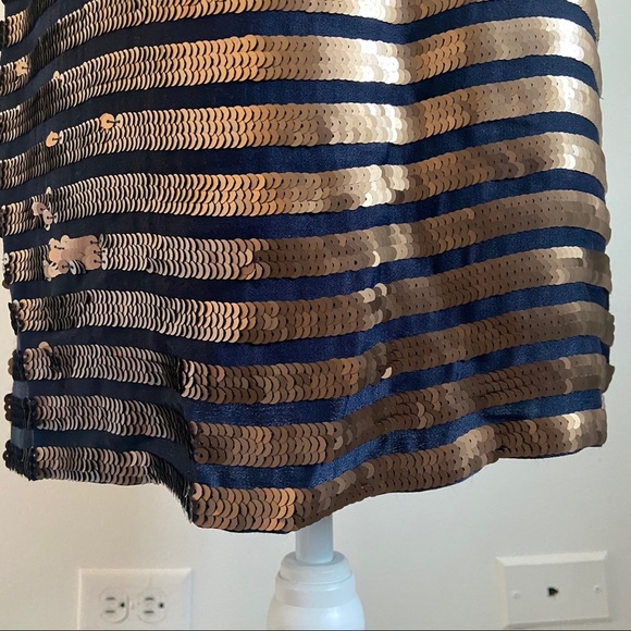 French Connection Sequin Shift Dress Size 4 Black Gold Stripe Short Sleeve Dress - Picture 4 of 15